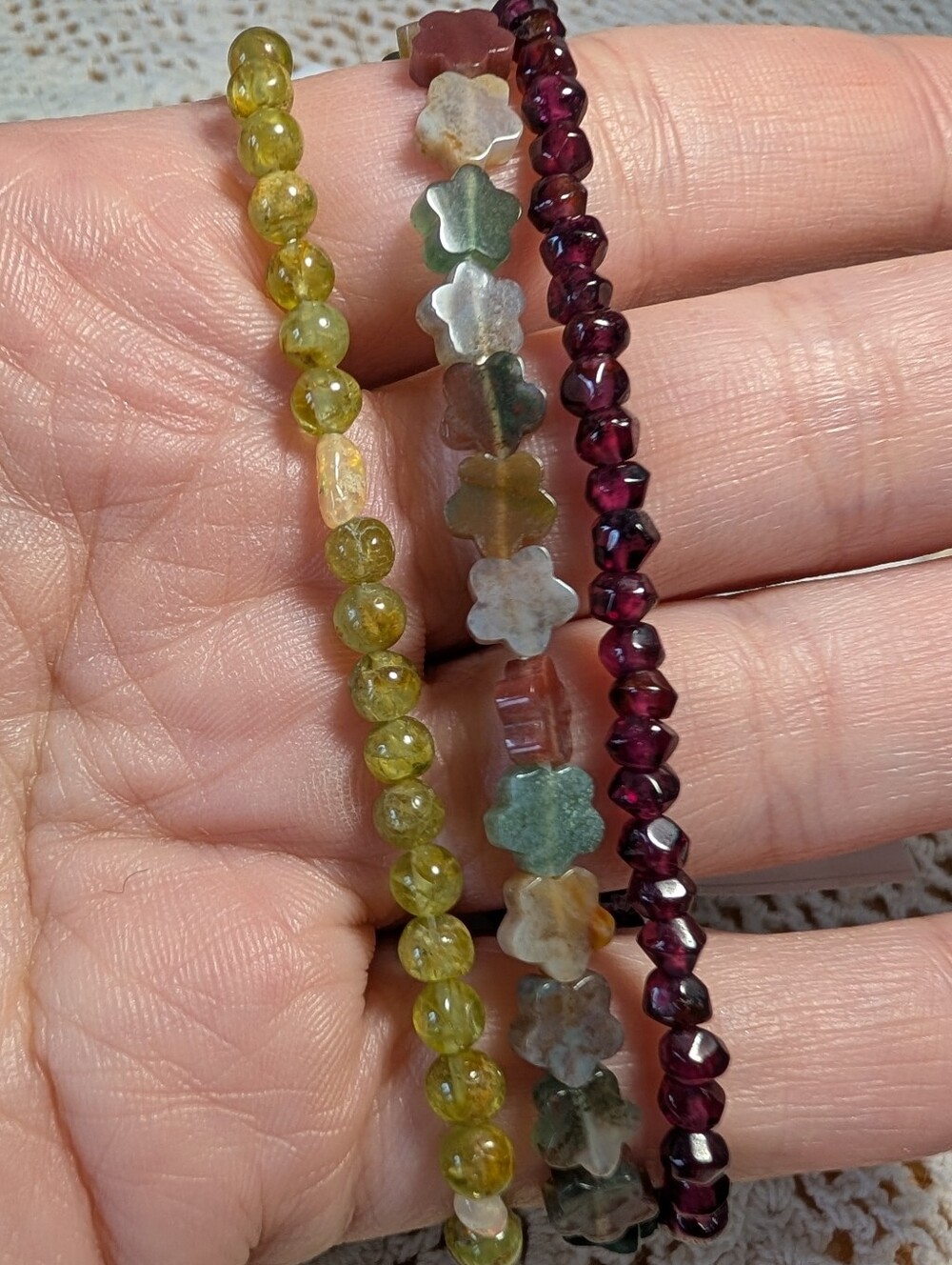 Handmade Stretch Bracelet Set- Garnet, India Agate, Peridot, And Ethiopian Opal